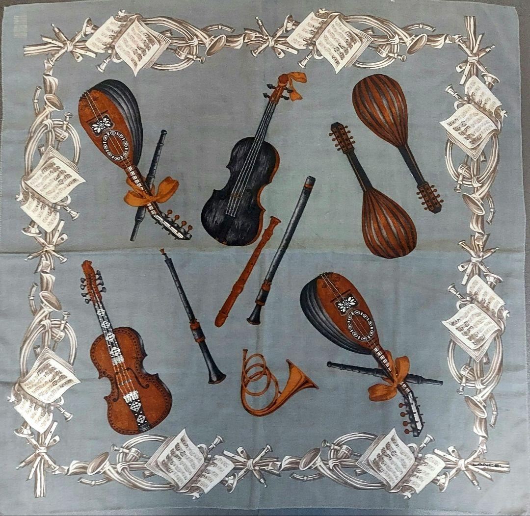 LANCEL 楽器プリント スカーフ　大判 グレー　ウール　イタリア　極美品