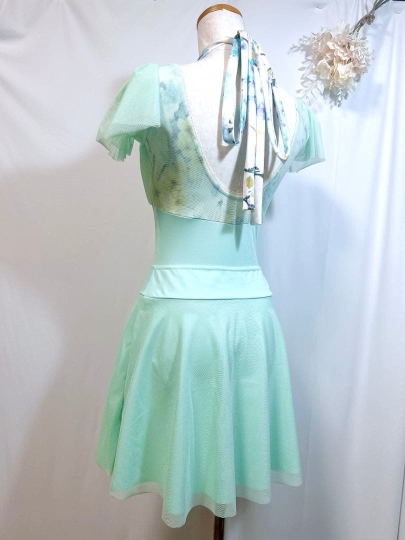 バレエ レオタード大人M＊エメラルドグリーン＊ホルターリボン＊スカートセット