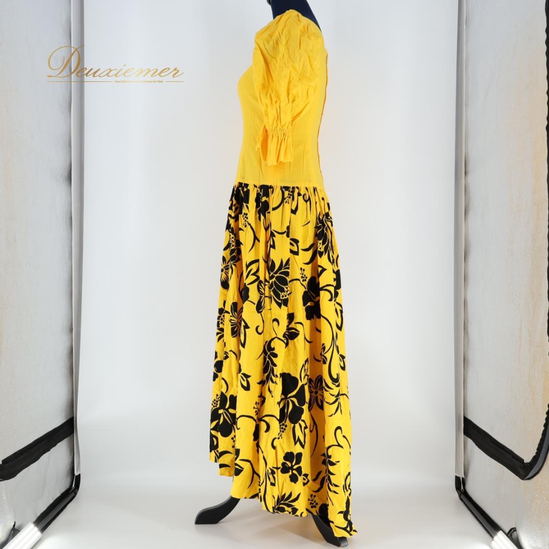 【フラダンス衣装】イエロー ワンピース ドレス 黄 黒 花柄 鮮やか 華やか