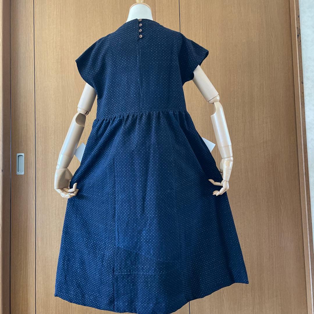 古布藍染蚊絣フレンチ袖ロングワンピース