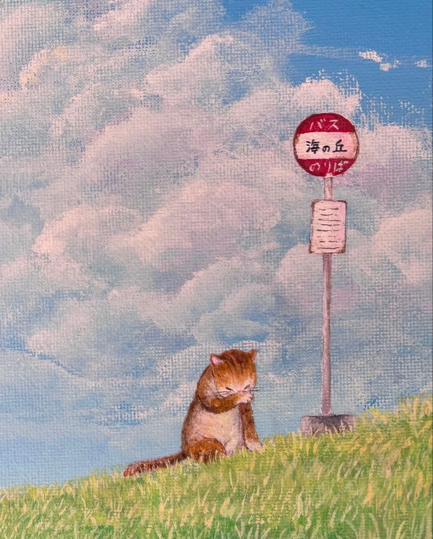 【待ちぼうけ】　アクリル画　原画　海　猫　風景