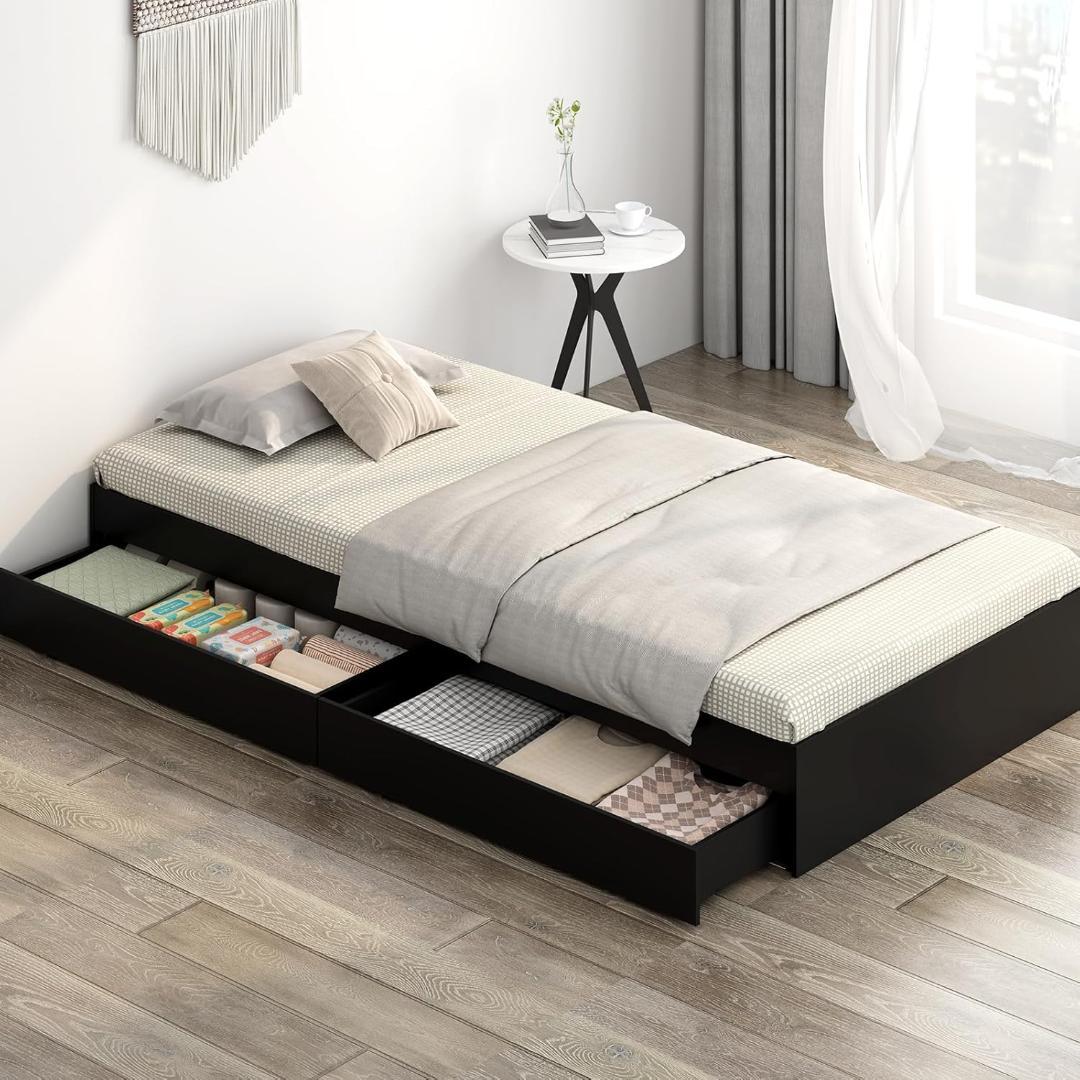 シングル ベッドフレーム すのこ 収納棚付き 耐荷重300kg ブラック