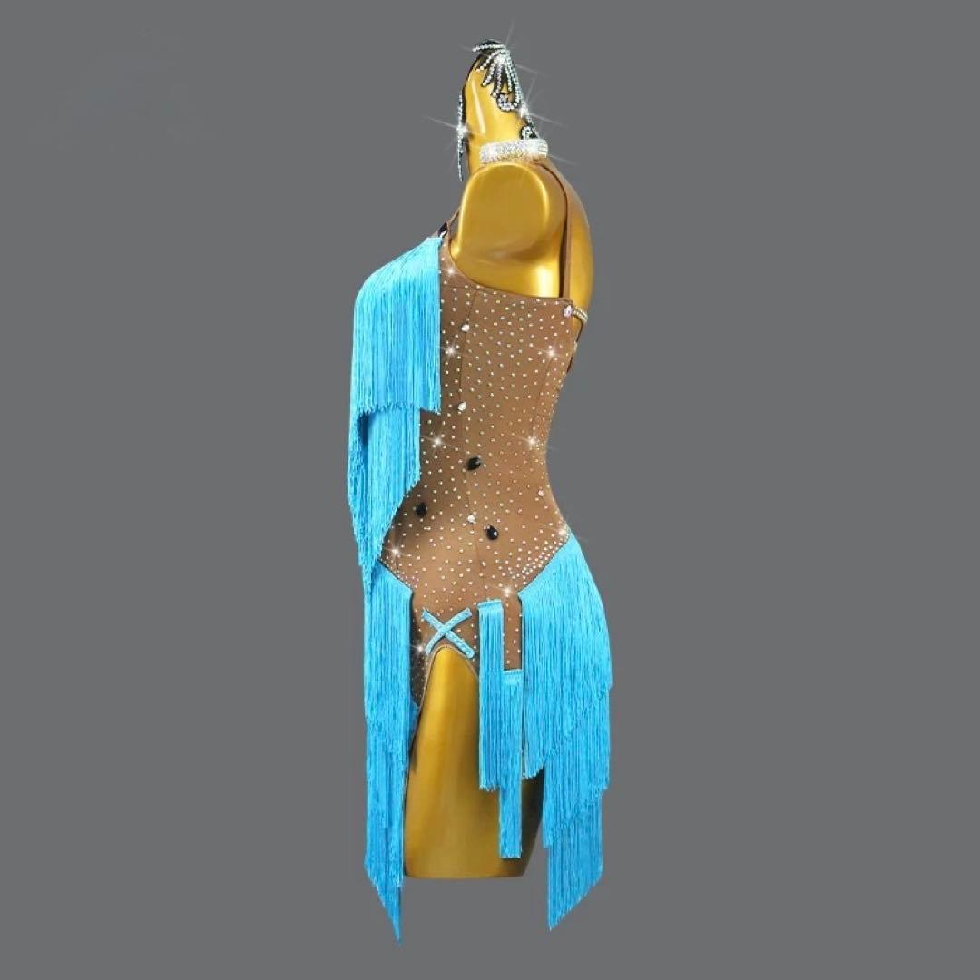 青いフリンジラテンダンスドレス　競技会・発表会・イベント・ステージ・ソロ演技