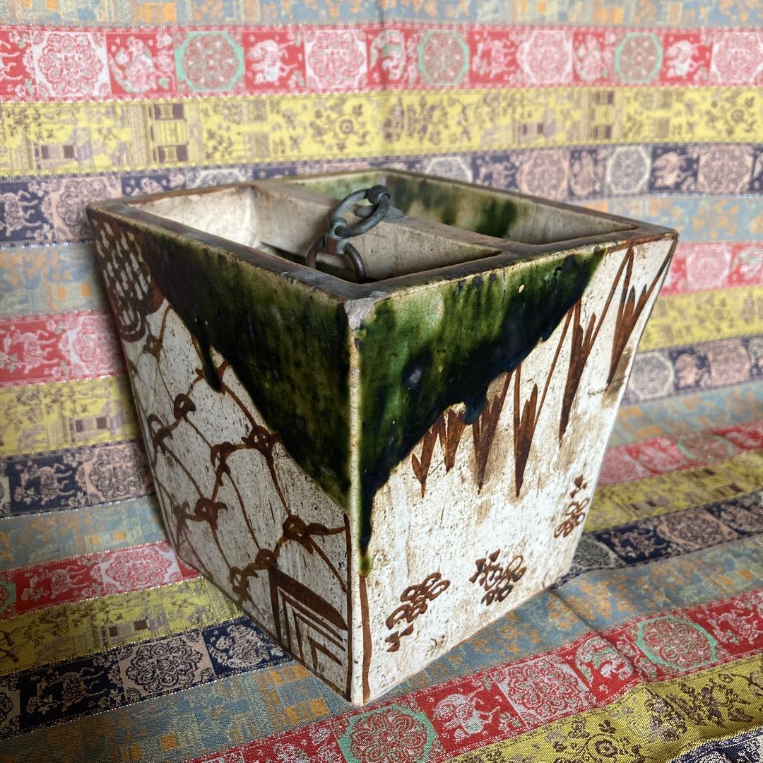 //あじさい//江戸織部井戸桶に似せた花器12.7×12.6×10cm箱無