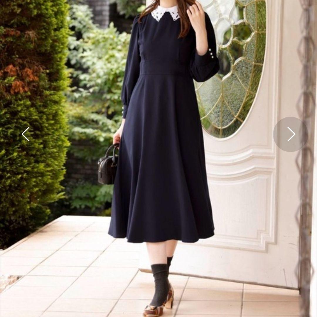 【新品タグ付】スウィングル ワンピース 長袖刺繍カラーデイリードレス ネイビー