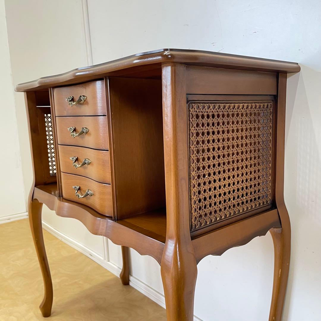 アンティーク調 猫脚 コンソール 籐 ラタン チェスト 引き出し 電話台 棚