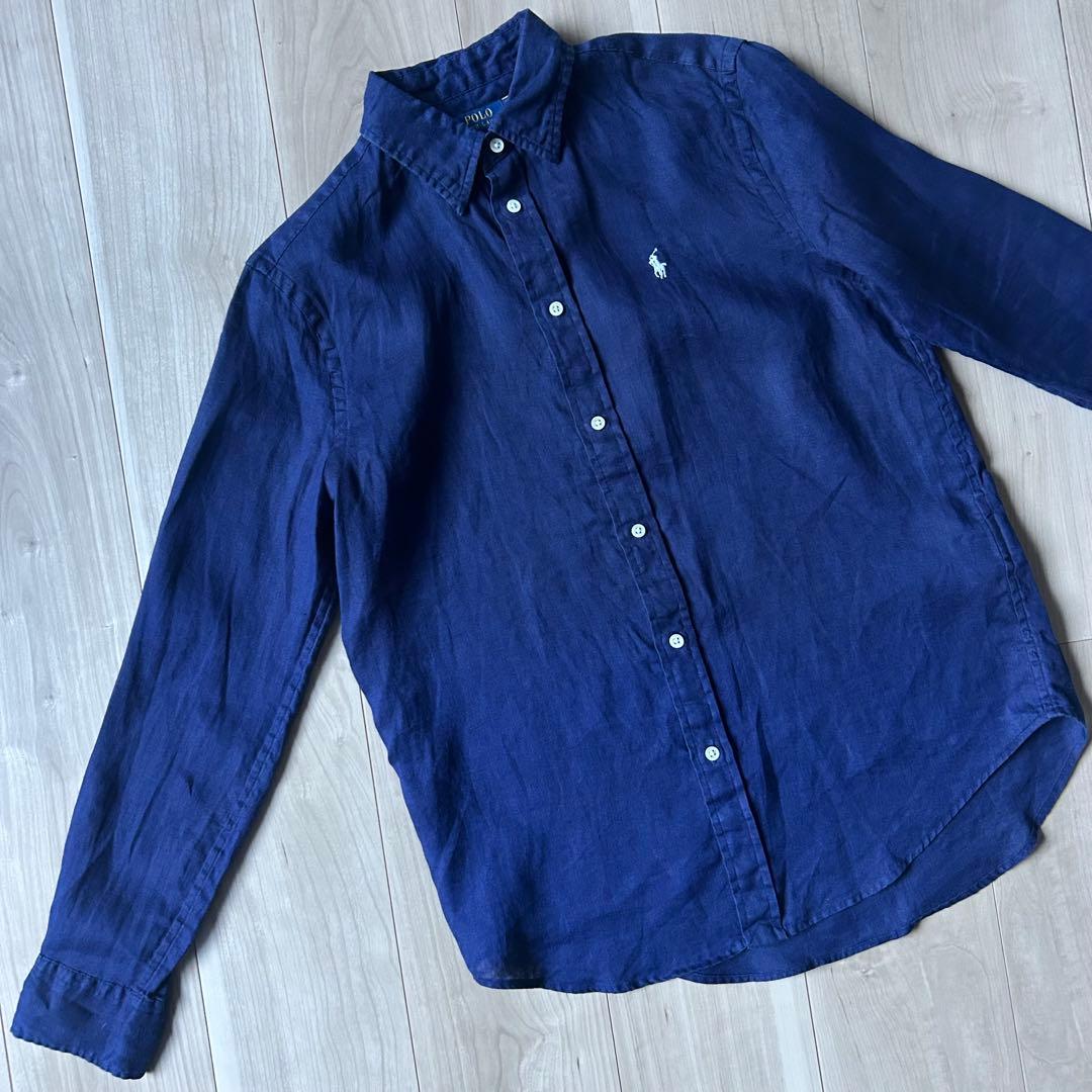美品＊ポロラルフローレン 麻 リネンシャツ ゆったりS ネイビー 紺 ポニー刺繍