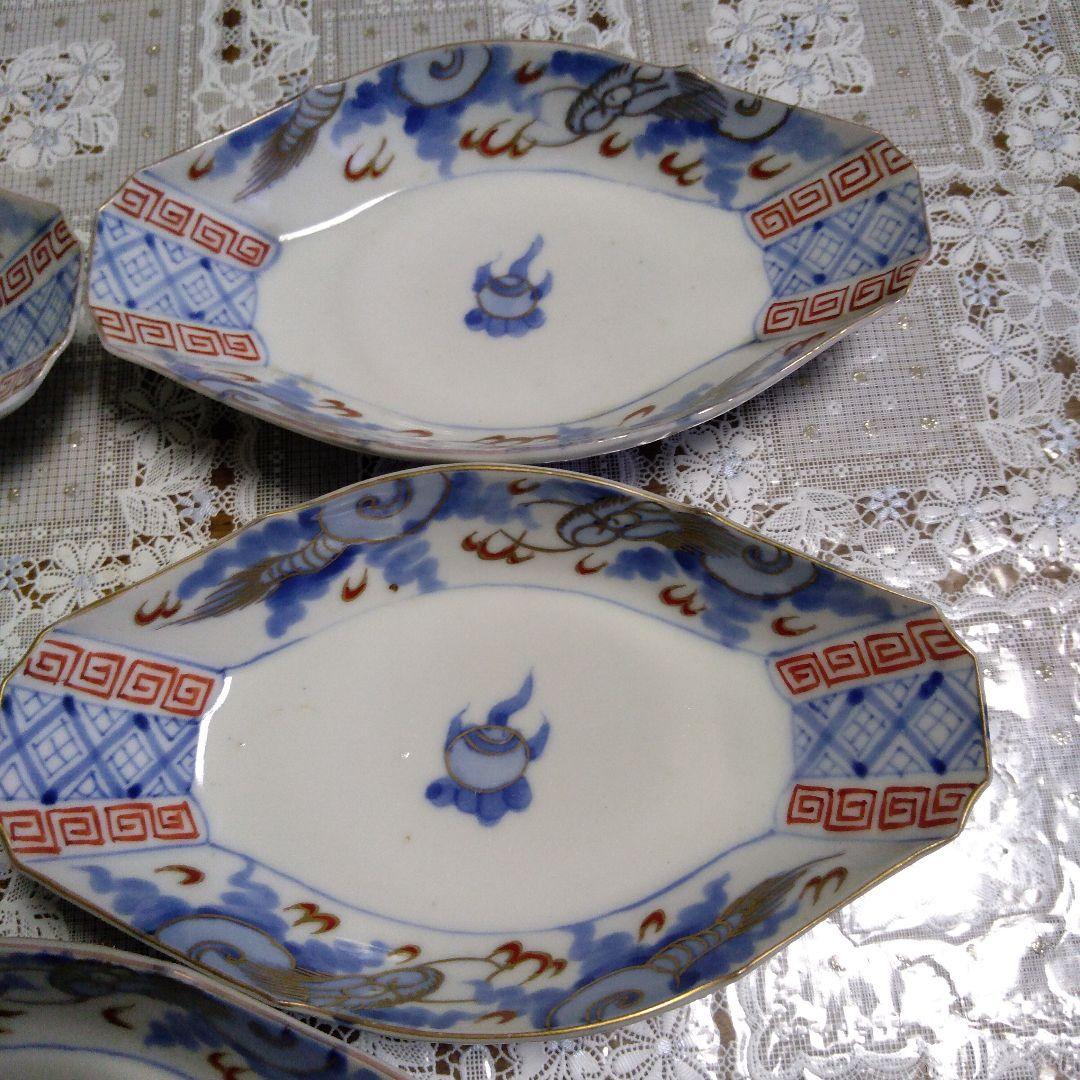 古伊万里　龍絵柄　染付　金菱形皿　５枚