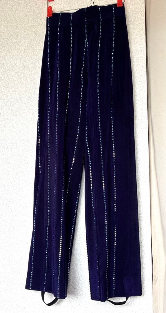 日曜23:00まで！社交ダンス デモ 舞台衣装 紫色ストライプビジュー付きスーツ