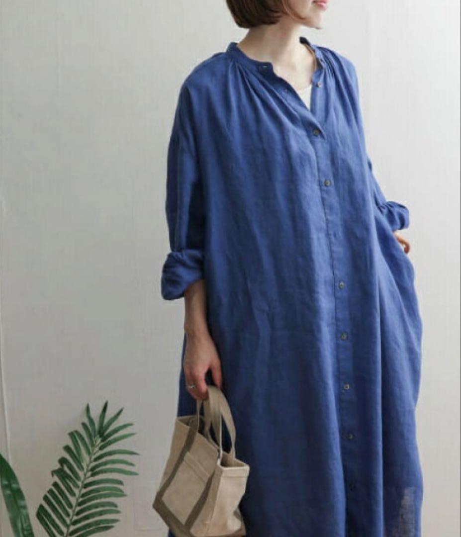 洗える♡アーバンリサーチ＊リネンギャザーワンピース ロング　ブルー