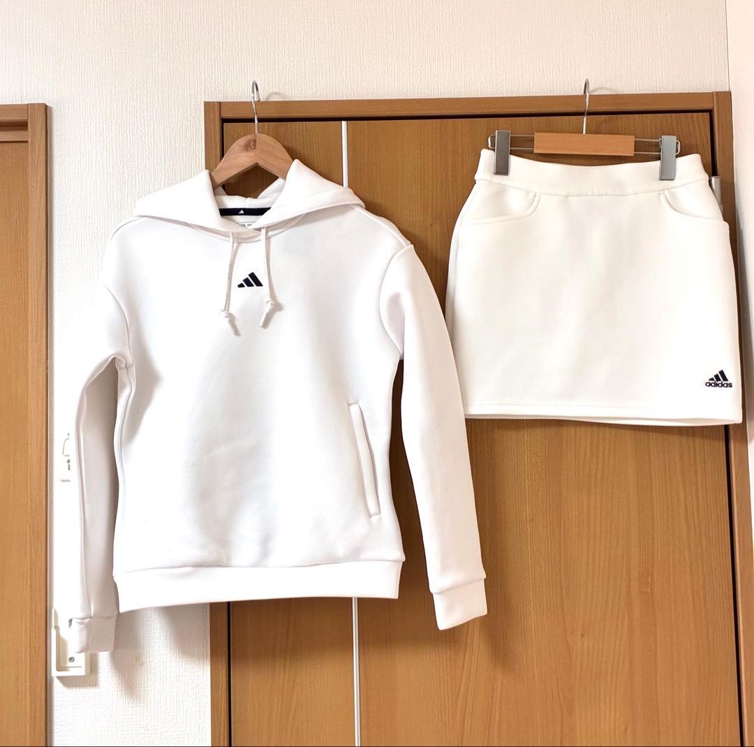 adidas ホワイト ダンボールニット ビッグロゴフーディー スカートセット