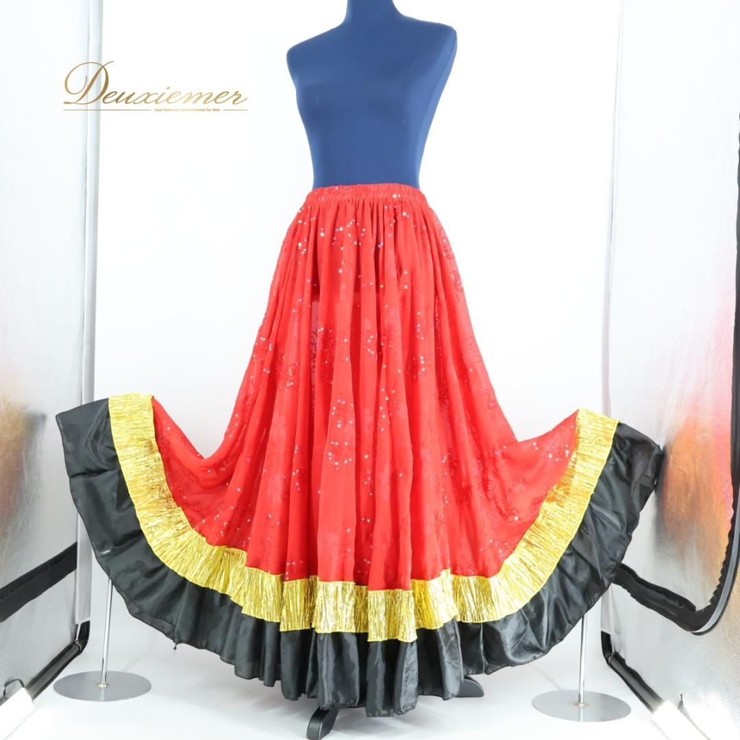 【ベリーダンス用衣装】レッド ジプシースカート ロング 赤 ゴールド 黒 ラメ