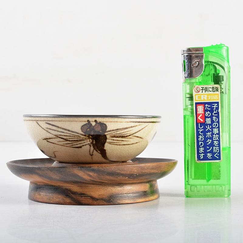 大陸　永楽善五郎作　鉄絵　蜻蛉文　内銀張　盃　黒柿盃台付　D　R5937