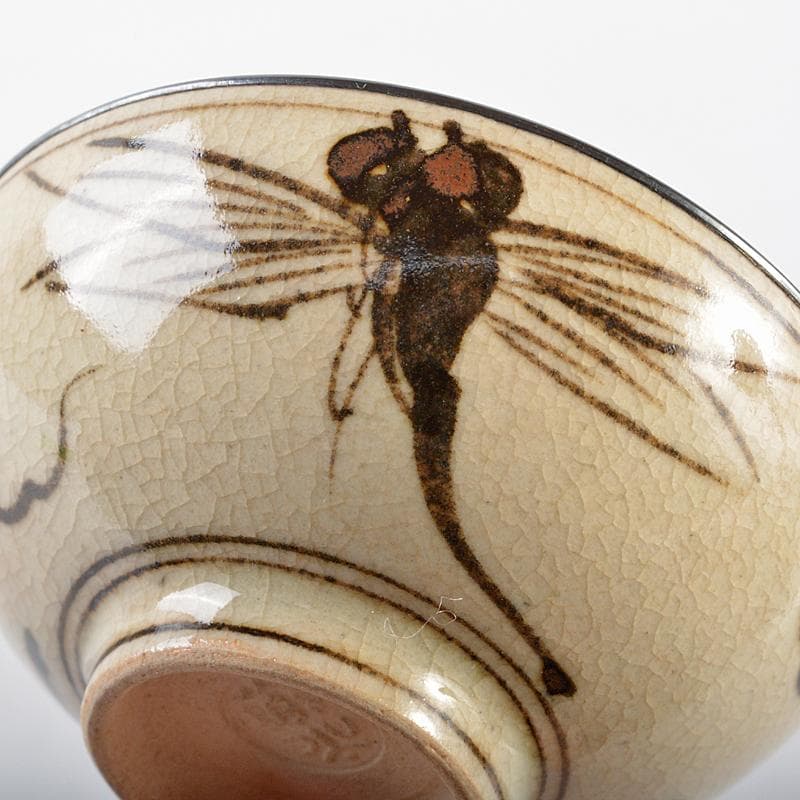 大陸　永楽善五郎作　鉄絵　蜻蛉文　内銀張　盃　黒柿盃台付　D　R5937