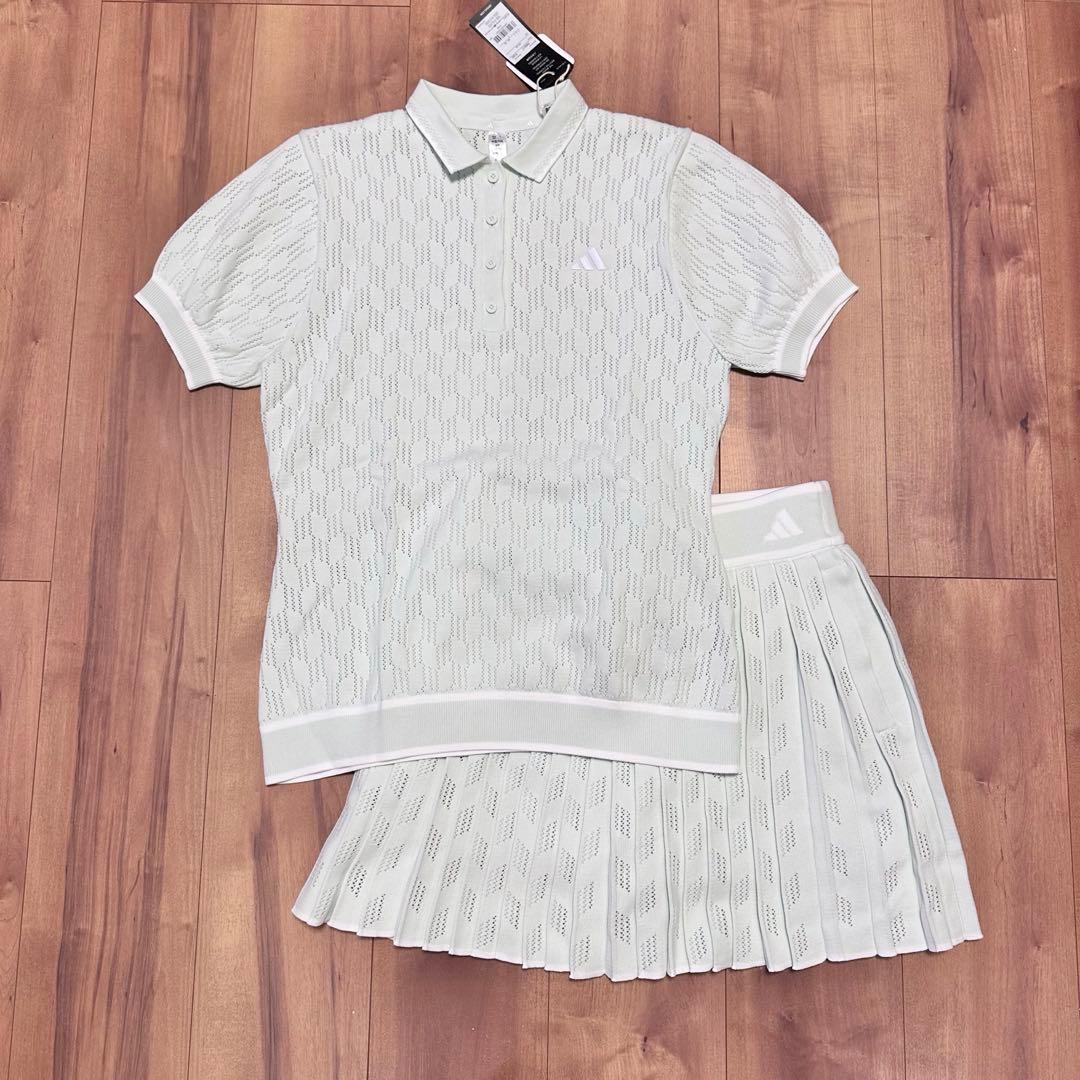 サマーニット　セットアップ　春夏　パフスリーブ　プリーツスカート　サイズL