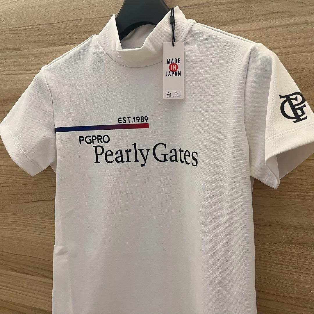 新品★パーリーゲイツ モックネックシャツ 半袖ハイネックシャツ 白×黒ロゴ 0