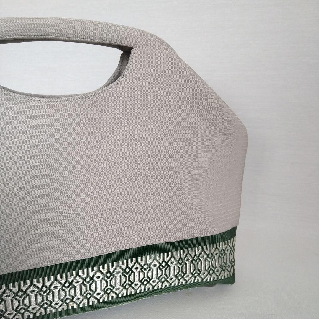 博多献上柄帯 リメイク　ディープグリーン×グレーバネハンドルバッグ