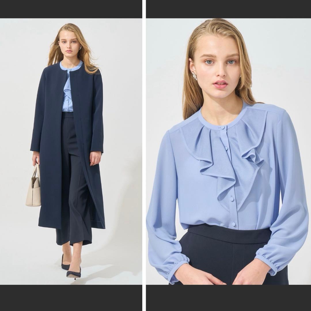 未使用タグ付き✨アナイ 2025 ジョーゼットカラミラッフルブラウス 38 水色