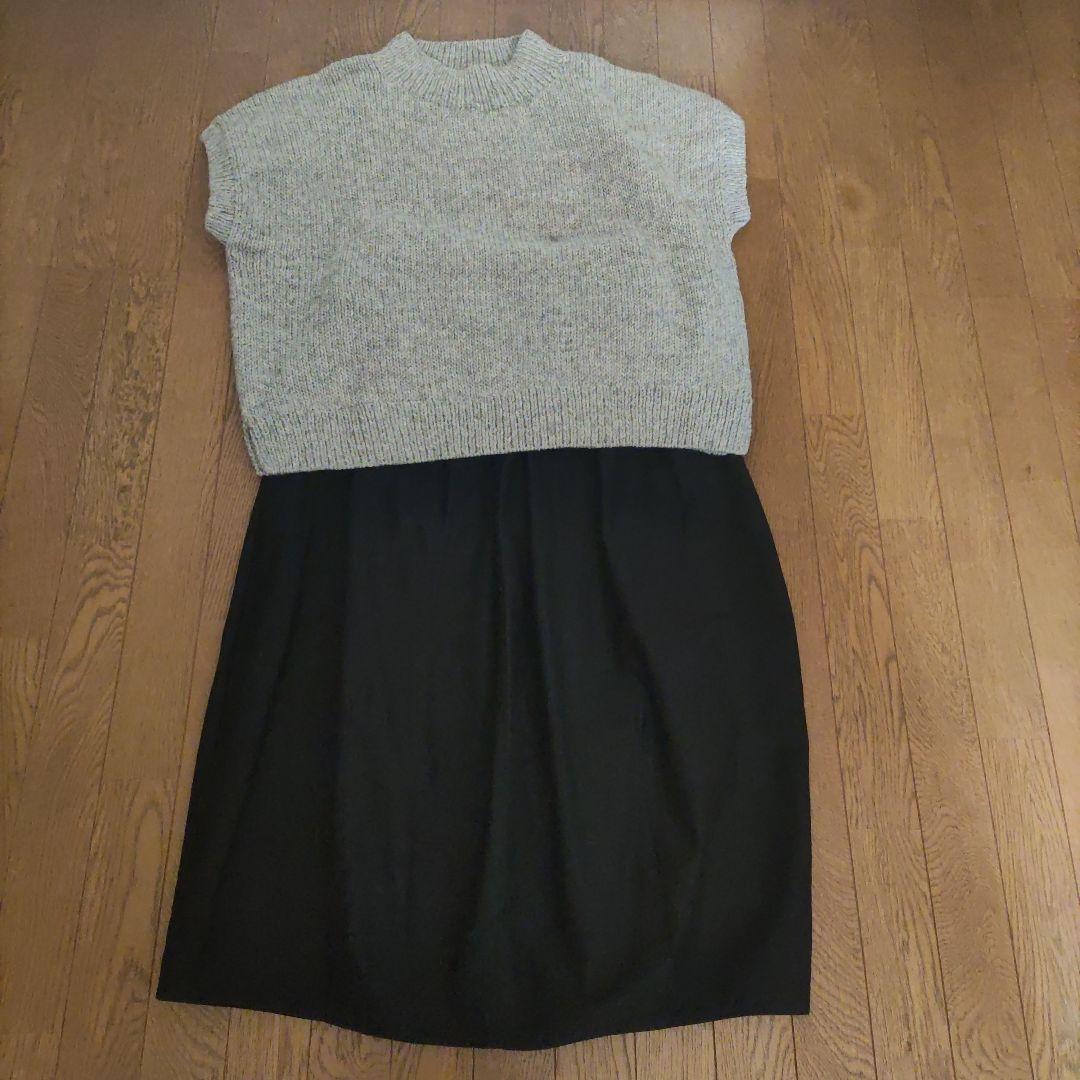 かぐれペルーニットワイドベスト コットンバックサテンコクーンスカート２点セット