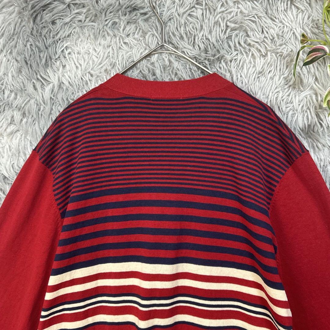 ヒールクリーク/Vネックマルチボーダーカーディガン/リネン混/ロゴ刺繍/ゴルフ