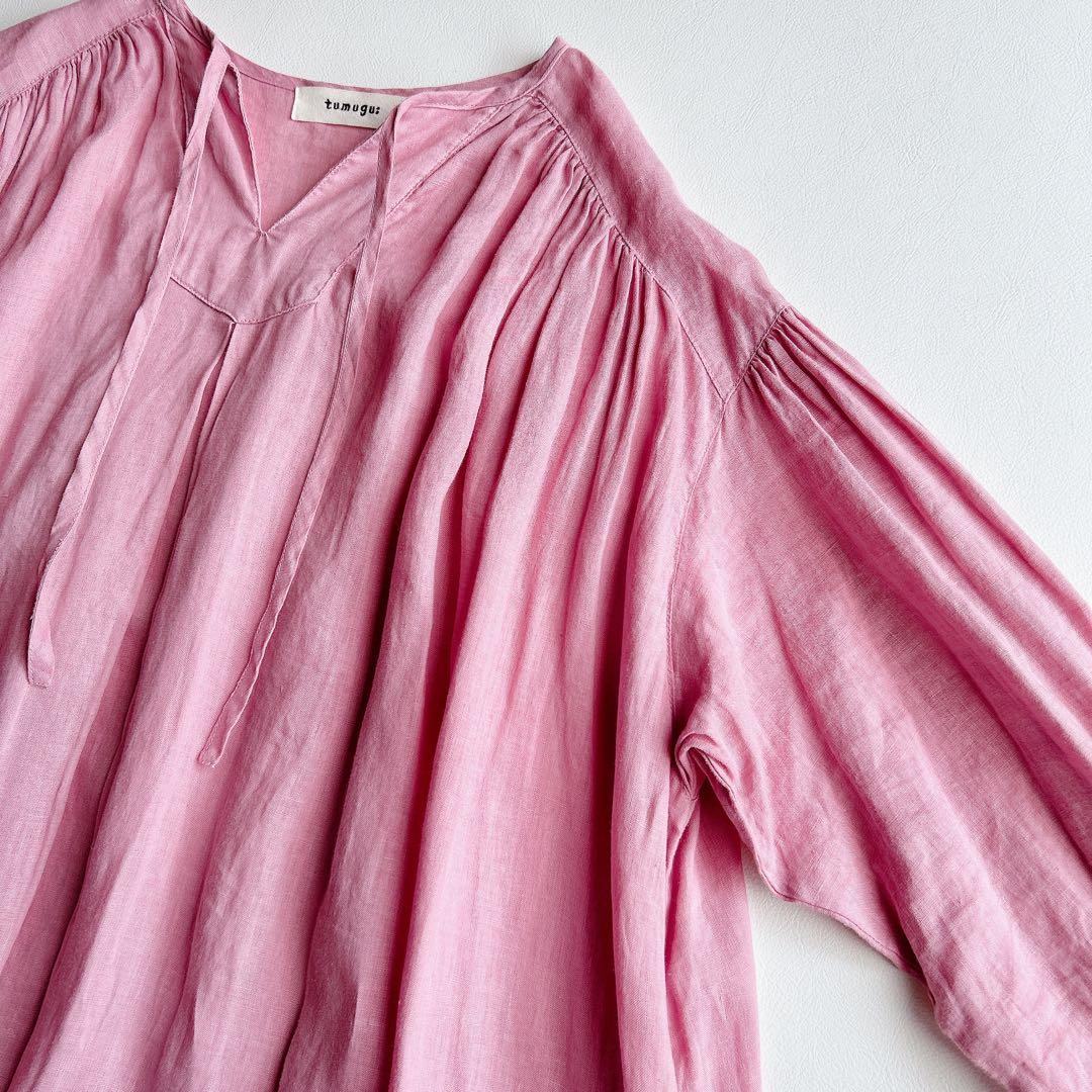 tumugu: ⿻ リネン キャンバス カフタンワンピース ピンク ナチュラル
