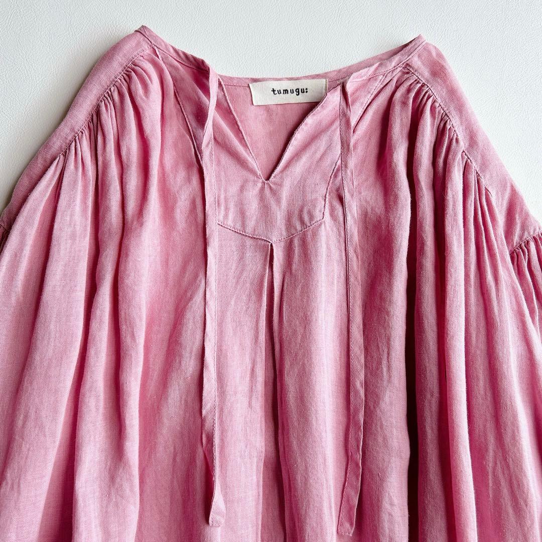 tumugu: ⿻ リネン キャンバス カフタンワンピース ピンク ナチュラル