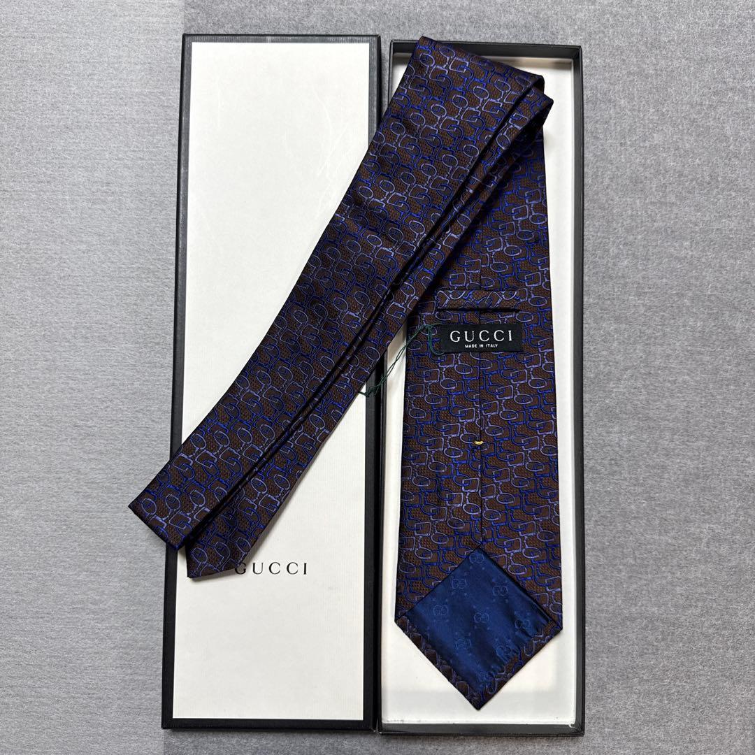 極美品　グッチ　ネクタイ　茶色・紺　シルクジャガード