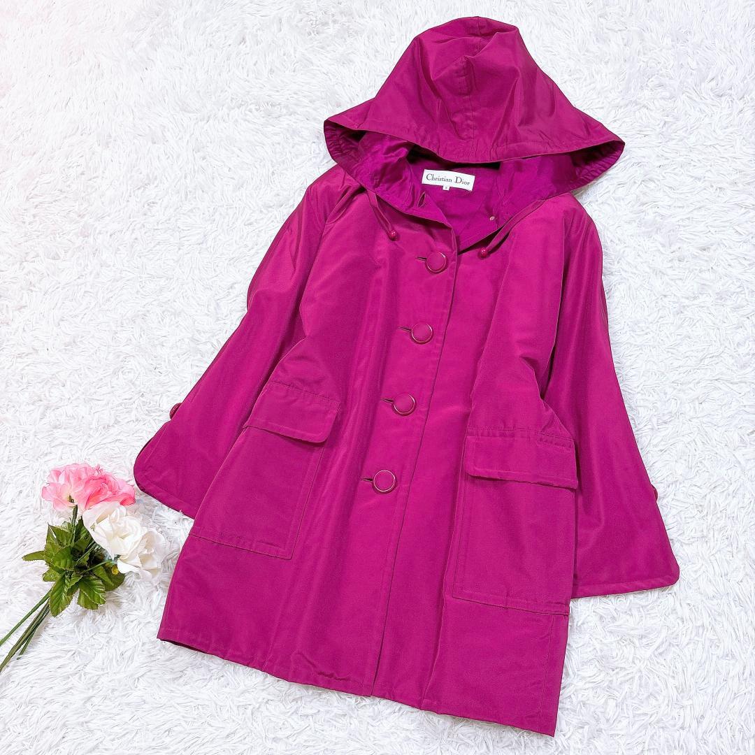希少色マゼンタ【美品】クリスチャンディオール フード付きコート シルク ミドル丈