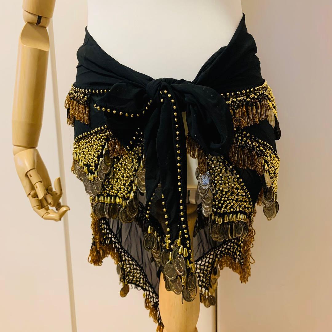ベリーダンス　ヒップスカーフ　ゴールド　　ブラック　ビーズ　ゴージャス