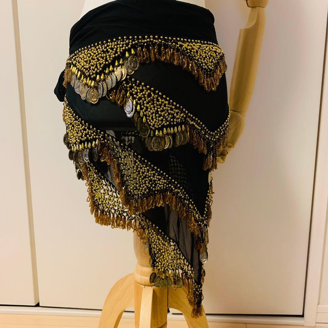 ベリーダンス　ヒップスカーフ　ゴールド　　ブラック　ビーズ　ゴージャス