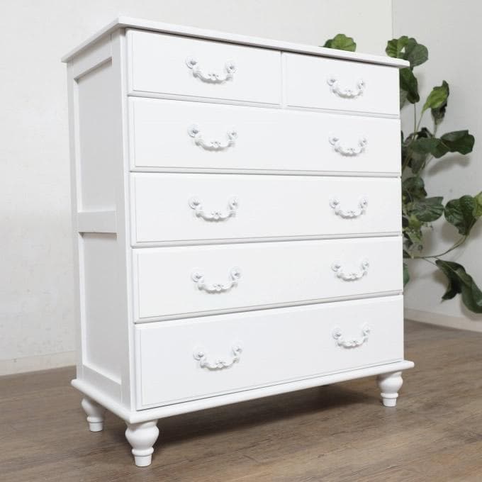 【新品・送料込】フレンチアンティーク調 ワイドチェスト 5段 桐製 ホワイト