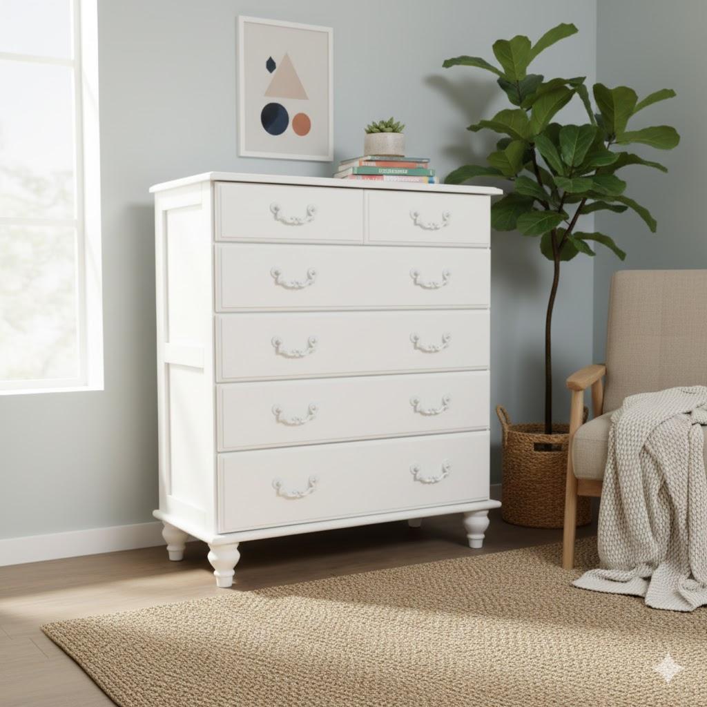 【新品・送料込】フレンチアンティーク調 ワイドチェスト 5段 桐製 ホワイト