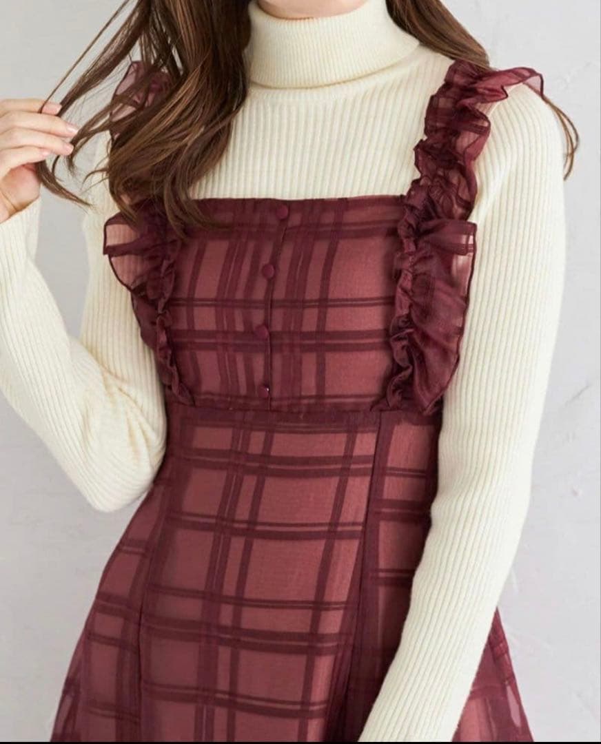 フリル付きバックレースアップシアーチェックワンピース　ボルドー