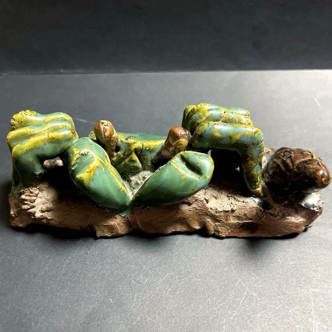 壺屋焼の名工　島常賀　蟹貝文　文鎮　置物　陶器　在銘