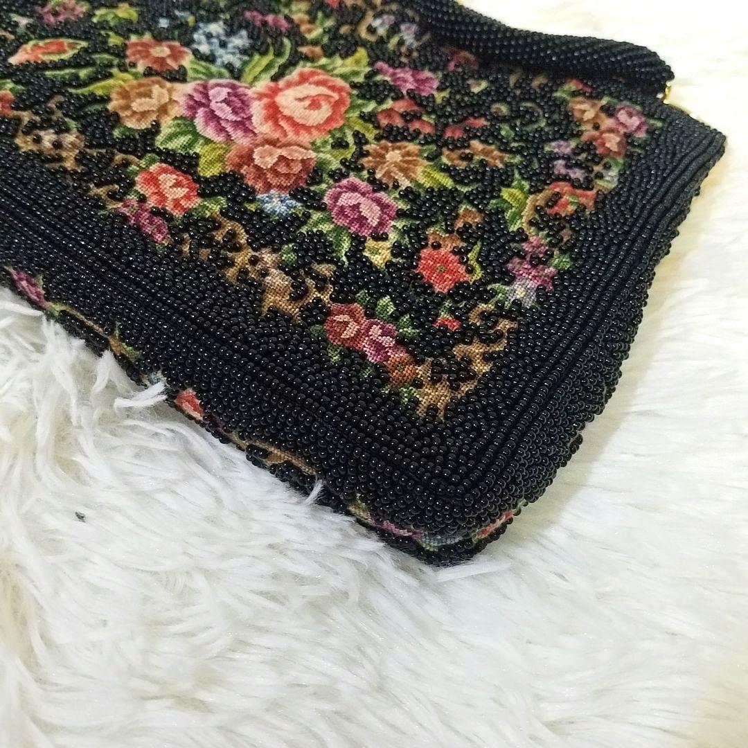 【極美品】プチポワン ビーズバッグ 花柄刺繍 がま口 ヴィンテージ