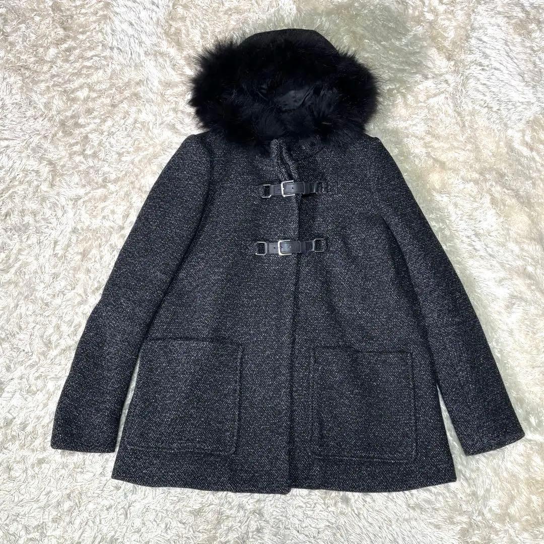 高級 maje ウール ツイード コート コヨーテファー レザーベルト