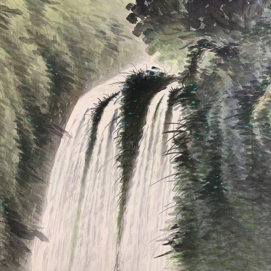 美品 掛け軸 日本画家 宮崎観峰作 夏山水図 川蝉 瀑布 共箱 太巻付 二重箱