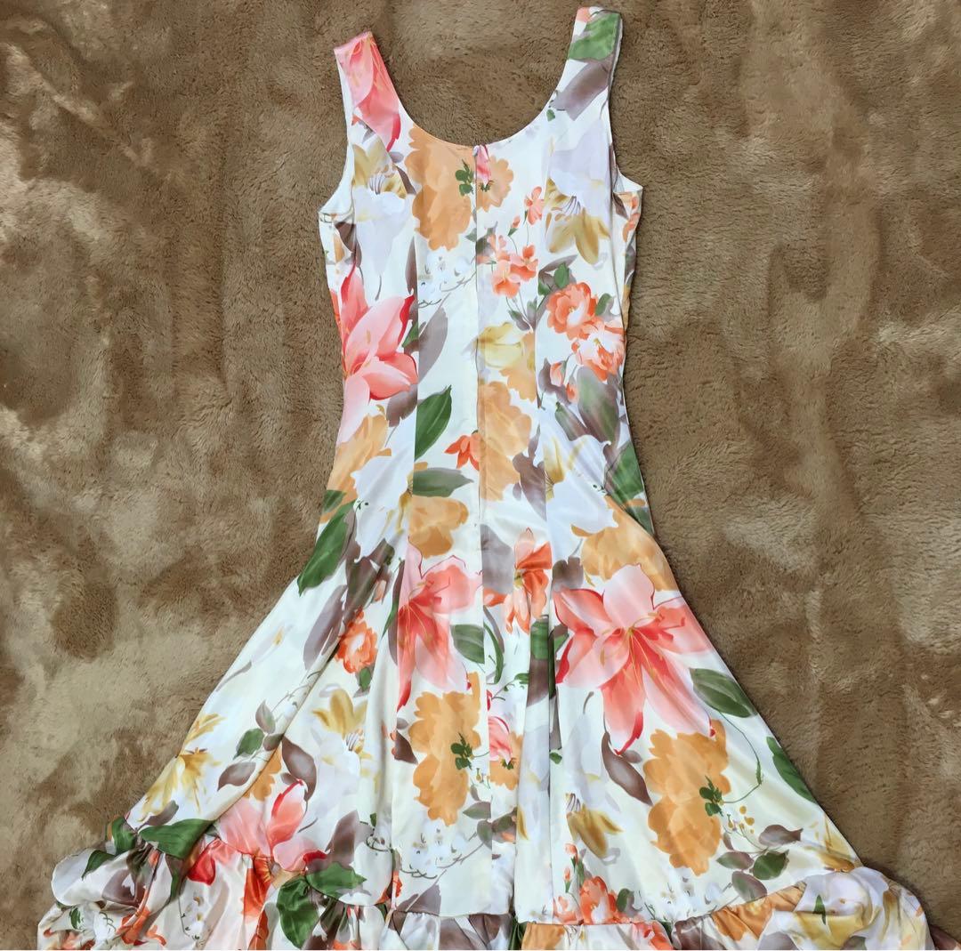 フラメンコ　ワンピース　ドレス　花柄　フラワー　フリル　ノースリーブ　オレンジ