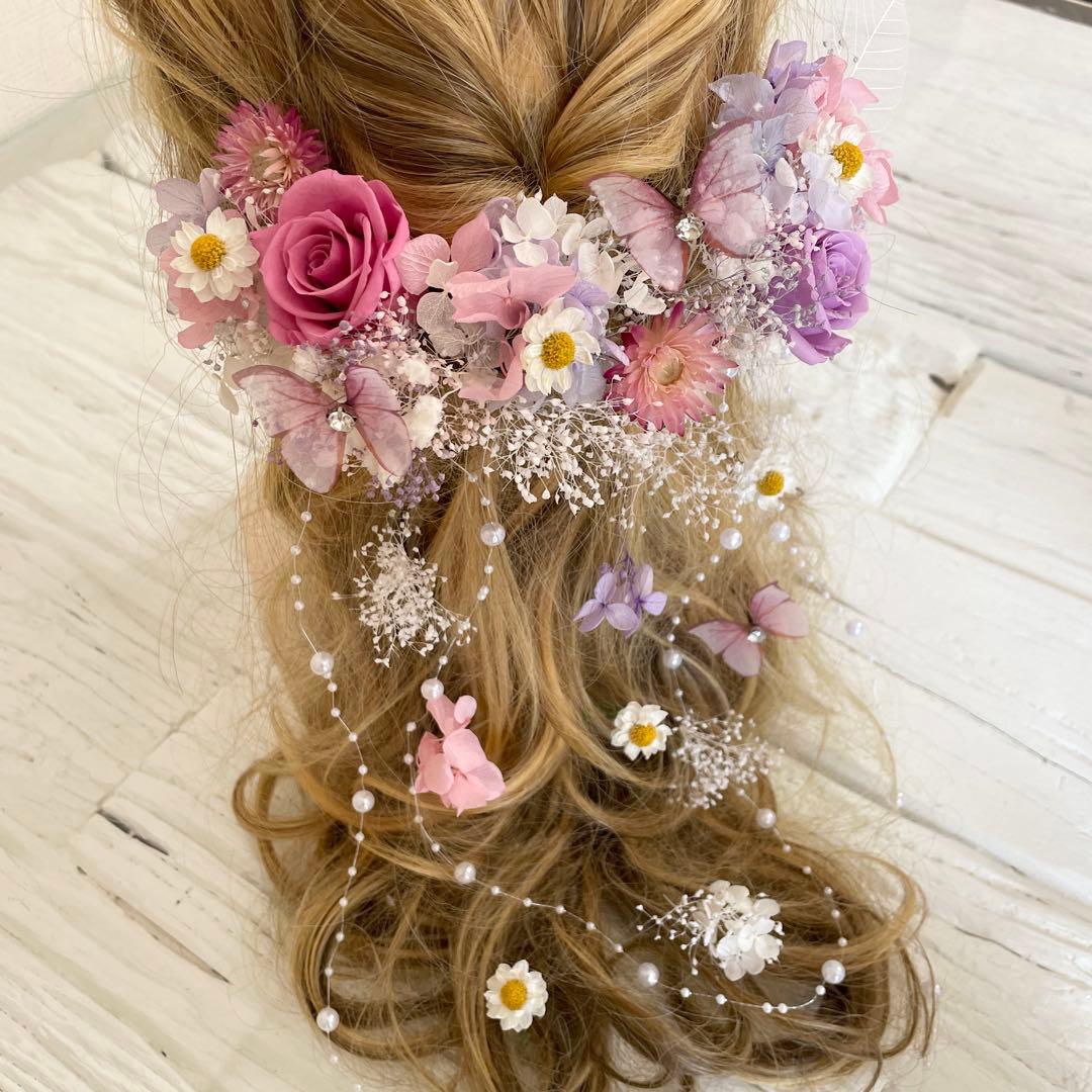 オール本物花　ブーケの様な髪飾り　ヘッドドレス　ピンク　パープル