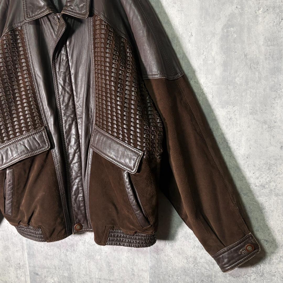極上 スペインレザー ジャケット スエード編み込み 切替デザイン 短丈 茶色
