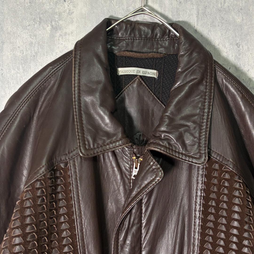 極上 スペインレザー ジャケット スエード編み込み 切替デザイン 短丈 茶色