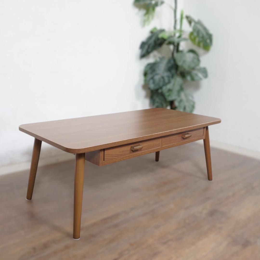 【新品】木目調　ローテーブル　両面引出し付き　幅100cm　シンプル　北欧風