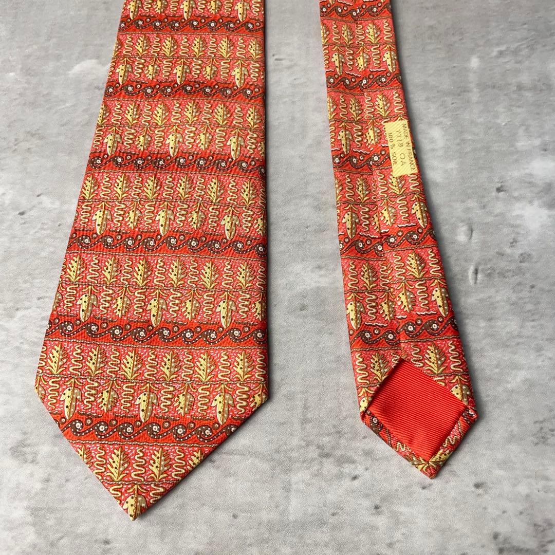 美品 HERMES エルメス ボーダー 葉柄 ヘビ ネクタイ レッド 赤