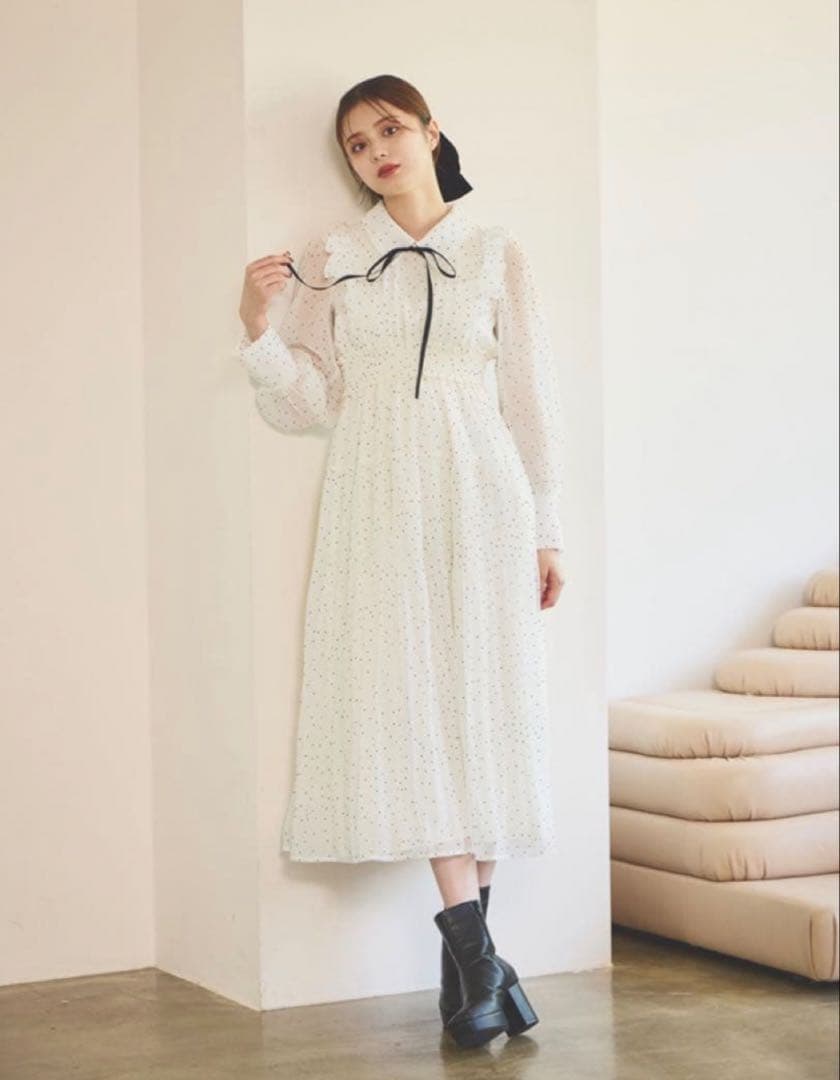 アンミール Anmille タックフリル襟OP ロングワンピース アイボリー