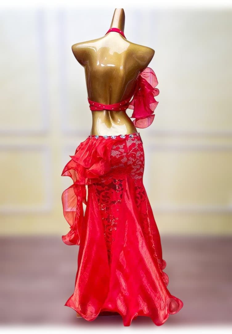 赤い社交ダンスドレス フリル付き ベリーダンス衣装