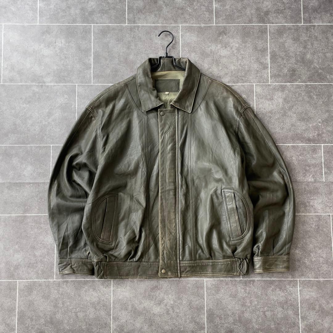 90s EURO 古着 本革 レザージャケット 深緑 カーキ系 54