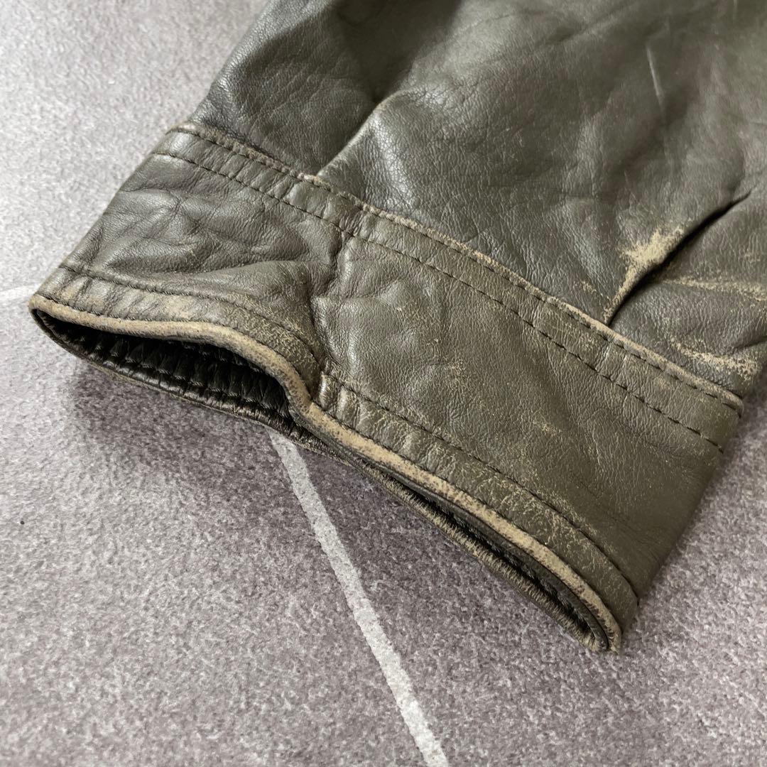 90s EURO 古着 本革 レザージャケット 深緑 カーキ系 54