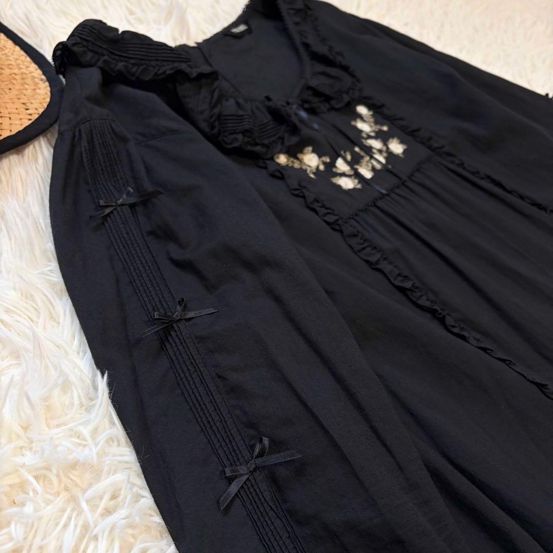 ピンクハウス　ティアード　ロング　ワンピース　ピコフリル 黒　花　刺繍　F
