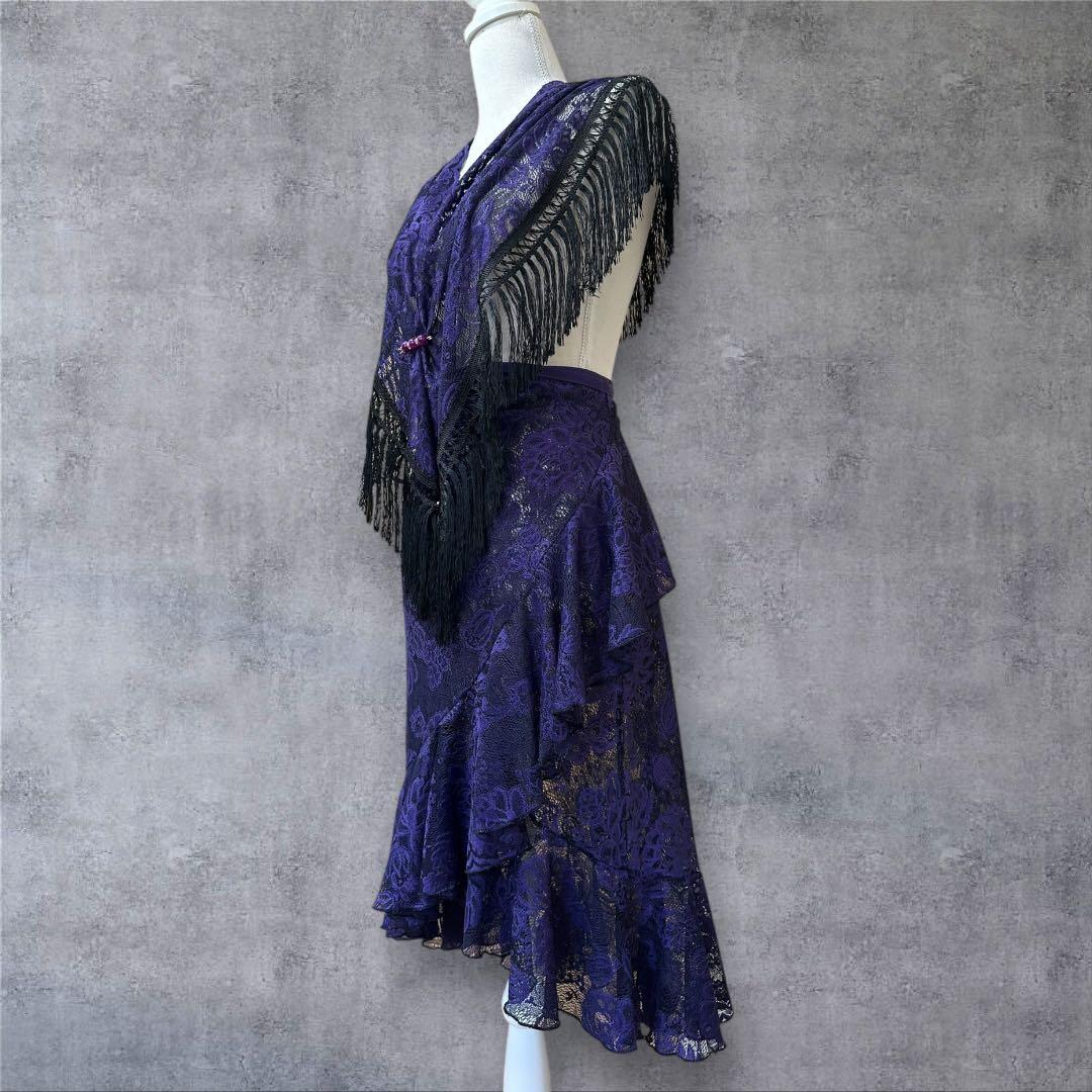フラメンコ　巻きスカート　シージョ　ブローチset 紫色刺繍レース