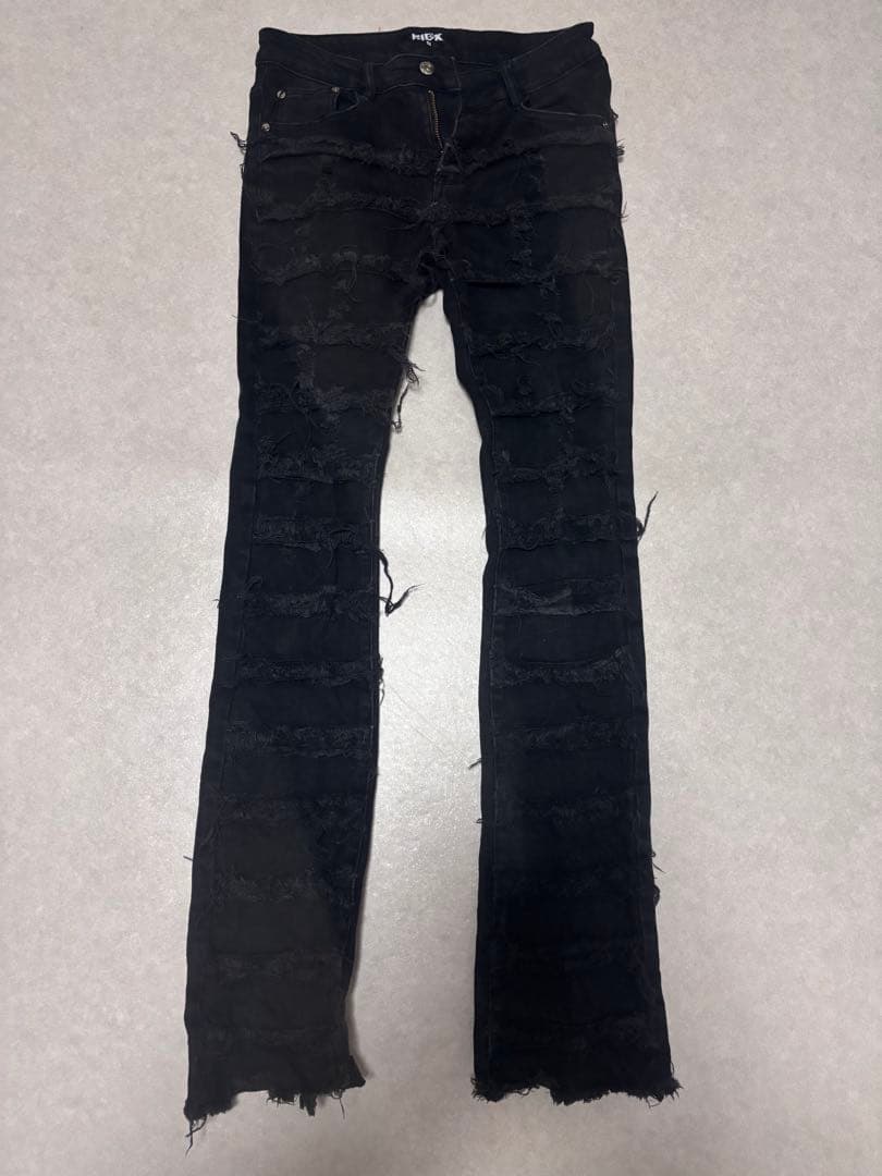 eyden着用！FLEXHOOD 黒デニムフレアパンツフリンジ加工